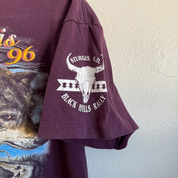 Vintage 1996 90s Sturgis Biker 3D Emblem Black Hills Rally Wolf L T-Shirt Crop - Picture 4 of 10